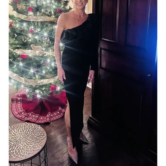 Herve Leger Black Bandage Gown MEDIUM One Shoulder Ruffle Formal Designer $1990 - Picture 4 of 12